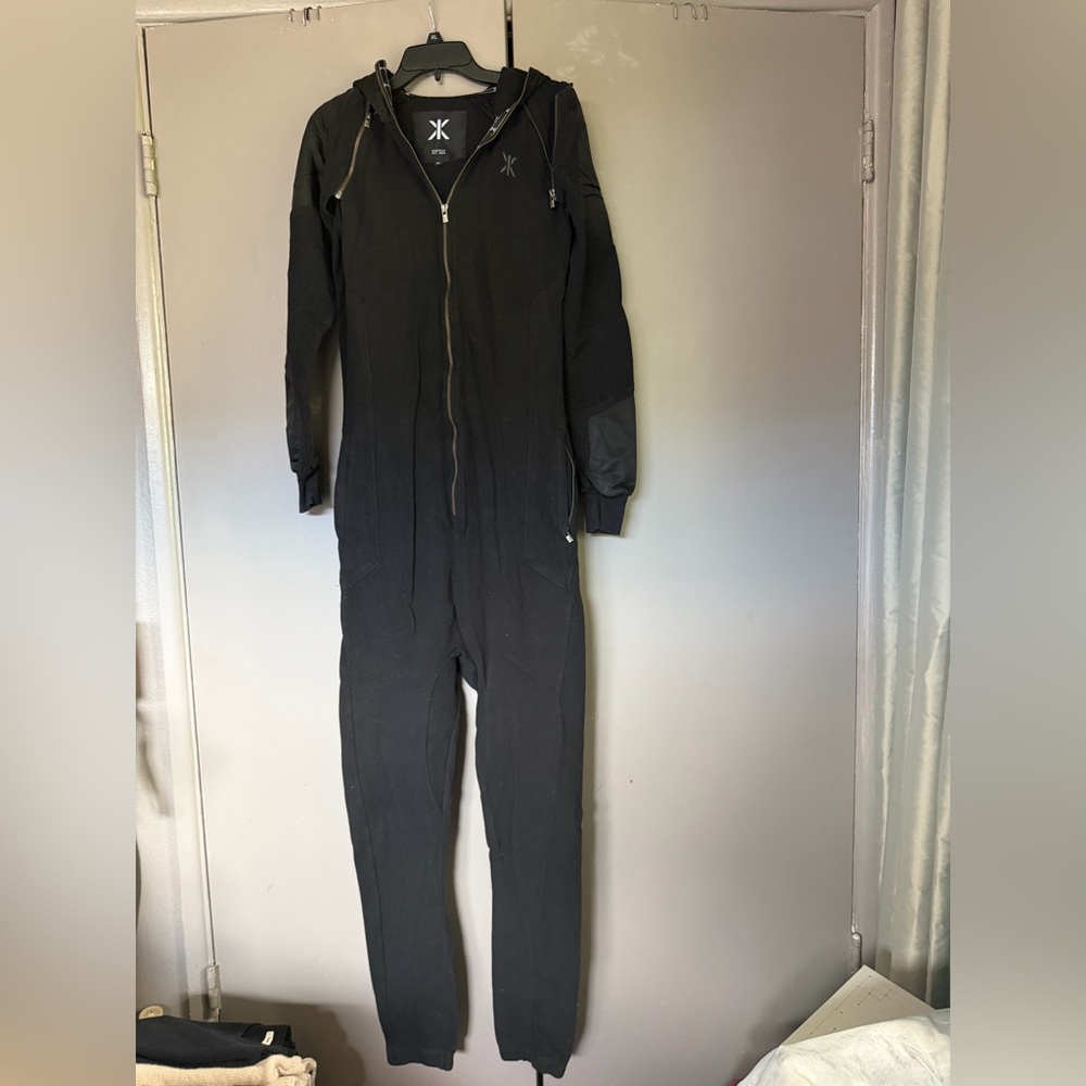 Onepiece Black Hooded Full-Zip Footie Jumpsuit